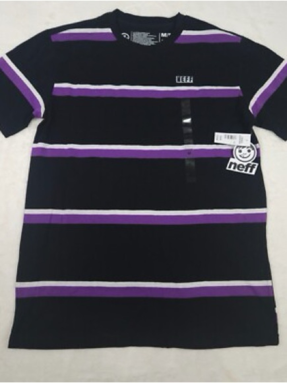Neff Black Tee with Purple & White Stripes